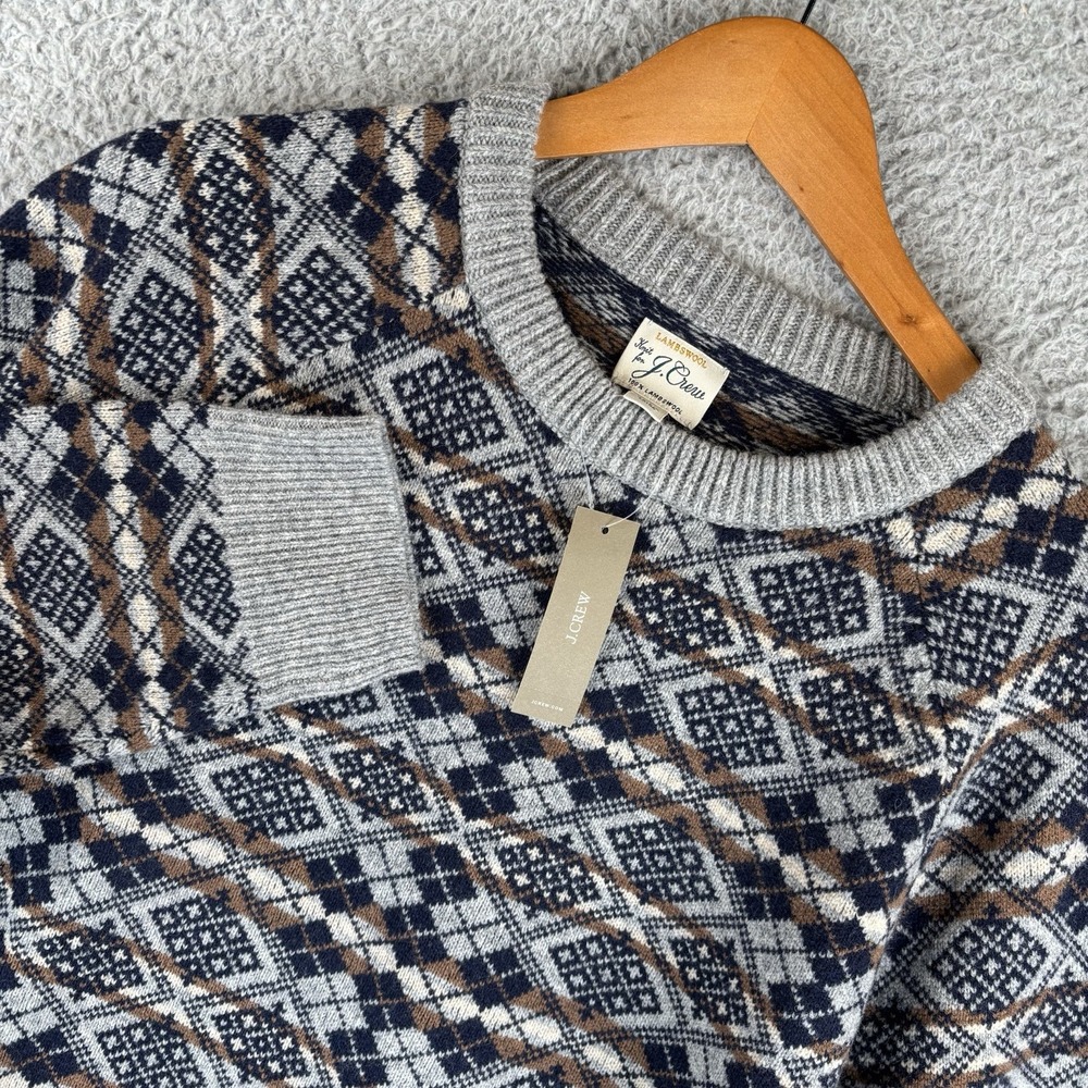 J.CREW Sweater Mens Large 100% Lambswool Gray Navy Fair Isle Print *New w/Tags*